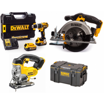 DCD796P2 DeWALT 18V suktuvas – smūginis gręžtuvas + DCS331N 18V siaurapjūklis + DCS391N 18V diskinis pjūklas + dėžė