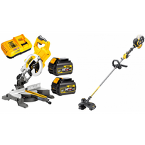 DCS777T2 DeWALT FLEXVOLT 54V skersinio pjovimo staklės (216 mm) + DCM571N 54V trimeris