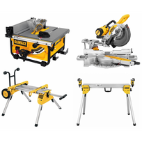 DWE7485 DeWALT išilginio pjovimo staklės + DE7400 stovas + DWS727 skersinio pjovimo staklės + DE7033 stalas