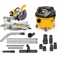 DWS727 DeWALT skersinio pjovimo staklės (250mm) + DWV901L siurblys sausam/šlapiam siurbimui + priedai