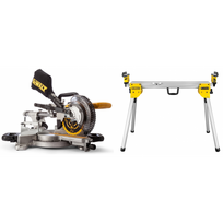 DCS365M2 DeWALT 18V akumuliatorinės skersinio pjovimo staklės + DE7033 kompaktiškas stalas