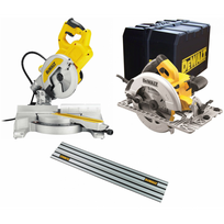 DWS777 DeWALT 216 mm skersinio pjovimo staklės + DWE576K diskinis pjūklas + DWS5022 1.5 m kreipančioji liniuotė