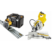 DWS777 DeWALT 216 mm skersinio pjovimo staklės + DWS520KTR 55 mm diskinis pjūklas su 1,5 m liniuote