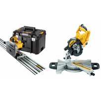 DWS774 DeWALT 216 mm skersavimo pjūklas 1400W + DWS520KTR 55 mm diskinis pjūklas su 1,5 m liniuote