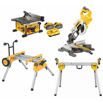 DCS7485X2 DeWALT FLEXVOLT 54V 9.0 Ah išilginio pjovimo staklės + DCS777N FLEXVOLT 54V skersinio pjovimo staklės + stalai
