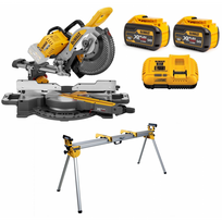 DCS727Y2 DeWALT FLEXVOLT 54V skersinio pjovimo staklės + DE7023 stovas (2x12.0 Ah)