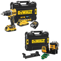 DCD100YD2T DeWALT 18V XR suktuvas – smūginis gręžtuvas + DCE089NG18 12/18V XR 3x360° lazerinis nivelyras (2x2.0 Ah)