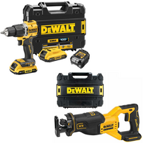 DCD100YD2T + DCS382NT DeWALT 18V XR suktuvas – smūginis gręžtuvas + DeWALT 18V tiesinis pjūklas (2x2.0 Ah)