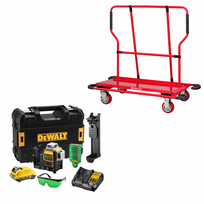 DCE089D1G DeWALT kryžminių linijų lazeris (1x2.0 Ah) + PW1000 gipskartonio plokščių vežimėlis