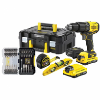 SFMCK101D2T Stanley FATMAX 20 V smūginio gręžtuvo rinkinys su gulsčiuku ir 40 vnt. antgalių 2×2.0 Ah