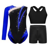 Merginų gimnastikos šokių apranga Blizgūs kalnų krištolai Spalvų blokas Asimetriškas triko Kryžiuojama nugara Atvira nugaros dalis Liemenė 5-6 Years mėlynai žalia spalva