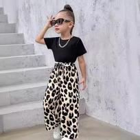 Girls' Fashionable Leopard Print Long Pants Set - Summer Children's Casual Outfit 9-10Y juoda