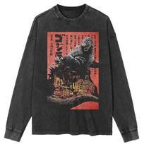 Streetwear Godzilla Wash Black Long Sleeve Shirts S juoda