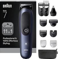 "Braun Series 7" daugiafunkcinis kūno priežiūros rinkinys, 11 in 1, "ProBlade" ir "AutoSense", 120 minučių, "SkinGuard" ir barzdos atspalvis, "AquaGrip", skirtas naudoti po vandeniu, AIO7540, mėlynas