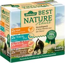 "Dehner Best Nature Cat Food Multipack" drėgno ėdalo suaugusioms katėms pakuotė 2 x veršiena laukinė vištiena triušiena 8 x 85g maišeliai (680g)