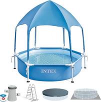 "Intex" 28209NP stogelis su metaliniu rėmu, apvalus antžeminis baseinas su nuimama apsauga nuo saulės ir vandens purkštuvu, 700 l, plienas ir PVC, mėlynas, 183 x 38 cm
