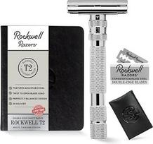 "ROCKWELL RAZORS T2" skustuvas ilga rankena su begaliniu skutimosi nustatymų skaičiumi, 5 peiliukais ir kelioniniu odiniu dėklu - baltas chromuotas