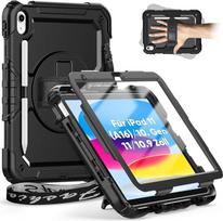 "Timecity" dėklas "iPad 11 Generation (A16) Case 11 Inch 2025/10 Generation Case 10.9 Inch 2022, smūgiams atspari apsauga su ekrano apsauga Rankų dirželis 360° pasukamas stovas Rašiklio laikiklis Lauko juoda