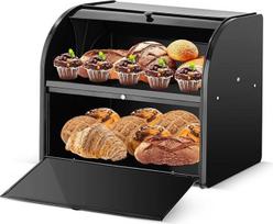 Extra großer Brotkasten, Brotkasten für Küche, 2-lagig, groß, Roll-Top, 40 x 24,5 x 32,5 cm, Schwarz Metall Brotbehälter bereits montiert