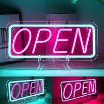 ineonlife Atviras neoninis ženklas, "Flash Open LED" ženklas Keičiantis rožinės ir mėlynos spalvos žibintai, sienų apdaila Neon LED užrašų ženklas parduotuvėms, restoranams, barams, sporto salėms, užeigoms