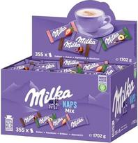 Milka Naps Mix, 1 x 1,702 kg, mini šokolado plytelė, pagaminta iš Alpių pieno, braškių, lazdyno riešutų ir kakavos kremo