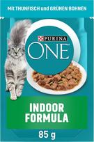 PURINA ONE Indoor Formula drėgnas kačių ėdalas, švelnūs gabalėliai su padažu naminėms katėms, su tunu, 26 vnt. (26 x 85 g)