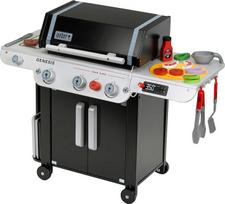 Theo Klein 9445 "Weber Genesis" medinė kepsninė su įdėklais kepsniams, picoms ar daržovėms kepti su maisto manekenu ir barbekiu stalo įrankiais, skirta vaikams nuo 3 metų
