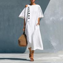Women's Fashionable Loose-Fit Round Neck Casual Cotton-Linen Blend Shirt Dress L juoda