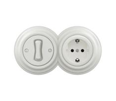Kliklap - Retro vienpolinis jungiklis Nr. 1 ir SCHUKO lizdas 230 V su keraminiu rėmu, baltas