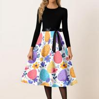 Women's Casual Fashion Round Neck Carnival Printed Vintage Dress L smėlis
