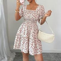 Women's Dress Casual Flowy Dresses  R-neck Vocation Boho Beach Sundress L smėlis