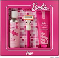 "Barbie™ x Fler" rožinis rinkinys - moteriškas skustuvas su laikikliu ir 2 keičiamais peiliukais, paprastas skustuvas, plaukų šalinimo putos ir raminamasis kūno kremas, alavijo ašmenys