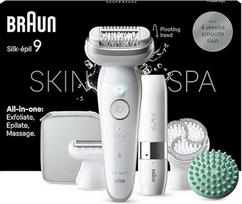 "Braun Silk-épil 9 SkinSpa All-in-One" rinkinys: Epilatorius, skustuvas, trimeris, moteriškas plaukų šalinimo aparatas, veido plaukelių šalinimo aparatas "Facespa", pagaminta Vokietijoje, 9-381, balta/sidabrinė