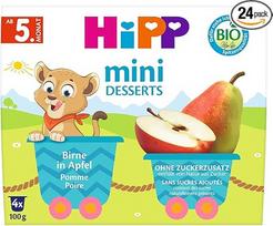 "HiPP" ekologiškos mini desertinės kriaušės su obuoliais (6 vnt., 4 x 100 g), nuo 5 mėnesio, praktiniuose puodeliuose, be pridėtinio cukraus, geriausios ekologiškos kokybės