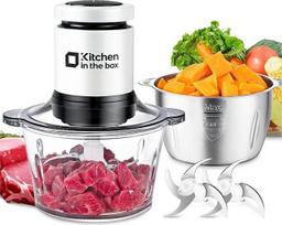 "Kitchen in the Box" elektrinis virtuvinis smulkintuvas 400 W daugiafunkcinis smulkintuvas su 2 dubenimis (2L + 2L) ir 2 dviejų lygių nerūdijančio plieno ašmenimis, universalus mėsos, daržovių, svogūnų, vaisių smulkintuvas