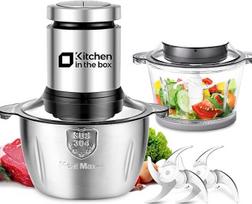 "Kitchen in the Box" elektrinis virtuvinis smulkintuvas, 400 W daugiafunkcinis smulkintuvas, mėsmalė su 2 dubenimis (1 l stiklinis dubuo + 2 l plieninis dubuo) ir 2 dviejų lygių ašmenimis, daržovių, svogūnų, mėsos smulkintuvas