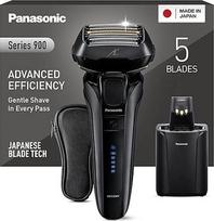 "Panasonic" 900 serijos "Premium" skustuvas ES-LV9U, 5 krypčių skutimosi galvutė su linijiniu varikliu ir barzdos tankio jutiklio technologija, iššokantis trimeris, valymo ir įkrovimo stotelė, juoda