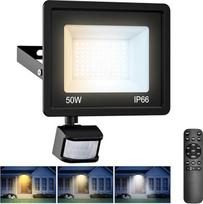 50 W LED prožektorius su judesio jutikliu ir nuotolinio valdymo pulteliu, reguliuojamas 3000 K - 4500 K - 6000 K lauko apšvietimas, IP66 vandeniui atsparus laikmačio funkcijos žibintas sodo kiemui, garažui