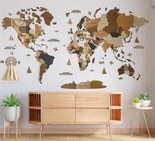 Carte du monde en bois (en français) - Décoration murale 3D - Waist de la carte (M, L, XL) - Art mural pour la maison, la cuisine ou le bureau (CAFÉ, L (160 x 85 cm))
