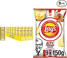 Gaivinanti šaltoji arbata ir traškūs traškučiai: "Lipton Ice Tea Sparkling Lemon" (24 x 0,33 l) ir "Lay's KFC Kentucky Fried Chicken" (9 x 150 g)