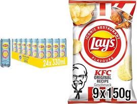 Gaivinanti šaltoji arbata ir traškūs traškučiai: "Lipton Ice Tea Sparkling Lemon Zero" (24 x 0,33 l) ir "Lay's KFC Kentucky Fried Chicken" (9 x 150 g)