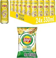 Gaivinanti šaltoji arbata ir traškūs traškučiai: "Lipton Ice Tea Sparkling Lemon" (24 x 0,33 l) ir "Lay's Subway Chicken Terriyaki" (9 x 150 g).