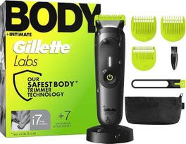 GilletteLabs i7 Body + Intimate Trimmer Herren mit SkinFirst-Technologie - Intimrasierer Mann für Körper & Intimbereich, Wasserdichte - Inkl. LED-Licht, Duschhalterung und Ladeständer - Schwarz/Grün