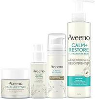 "Aveeno CALM+RESTORE" paketas: Dieninis kremas 50 ml, serumas 30 ml, naktinis kremas 50 ml ir veido prausiklis 200 ml - bekvapis, drėkinantis, su prebiotikais iš avižų ir raminančiu motiejuku