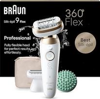 "Braun Silk-épil 9 Flex" epiliatorius su lanksčia 360 laipsnių galvute, drėgnas ir sausas, ilgalaikis plaukelių šalinimas, su skutimosi priedu, skustuvu, kirpimo priedu ir masažo priedu, pagamintas Vokietijoje, 9-071 3D, baltas/auksinis