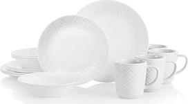 "Corelle" 16 dalių baltų reljefinių lininių indų rinkinys