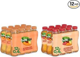 "Fuze Tea Peach" (12 x 400 ml) ir "Peach Hibiscus" - gaivinantis arbatos, sulčių ir žolelių derinys su persikų ir hibiskų deriniu - tausojančios kilmės arbata - vienkartinė (12 x 400 ml)