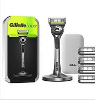 "Gillette Labs" vyriškas skustuvas + 5 skustuvo peiliukų papildymas su šveitimo juostele, įskaitant "Premium" magnetinį stovą ir kelioninį dėklą