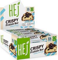 "HEJ Crispy Protein Bar Cookies & Cream" 12 x 45 g - baltymų turtingas užkandis su 13 g baltymų viename batonėlyje - baltymų batonėlis su mažu cukraus kiekiu - vegetariškas, be palmių aliejaus, be pridėtinio cukraus ir dirbtinių kvapiųjų medžiagų