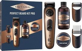 "King C. Gillette Beard Trimmer PRO" dovanų rinkinys vyrams, mini formato barzdos kirpiklis ir valiklis 60 ml, mini formato balzamas 25 ml